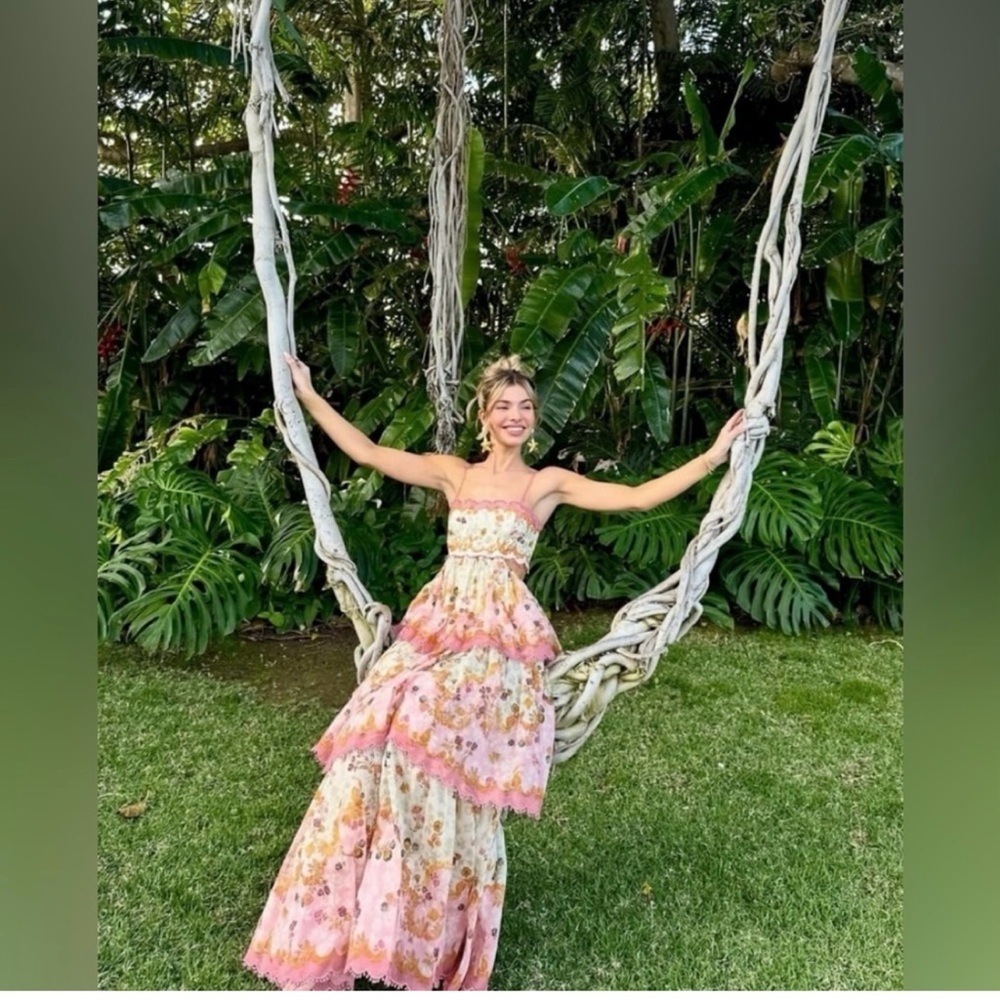 RARE  Zimmermann Laurel Lace Up Floral Pink Frill Maxi  Dress Size AU3/L - Picture 12 of 12